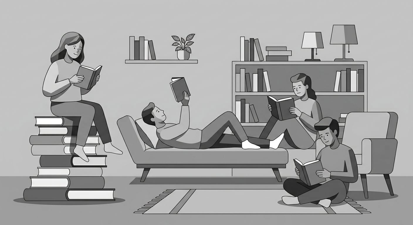Four people reading books in a cozy library-like setting, each in a relaxed pose