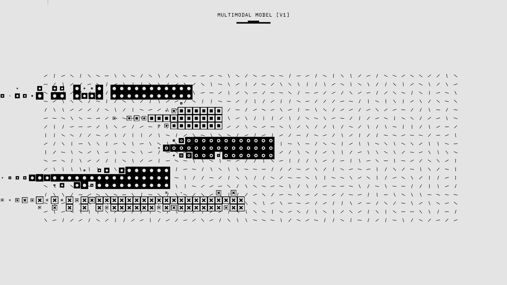 Abstract black and white graphic featuring a multimodal model pattern with various shapes
