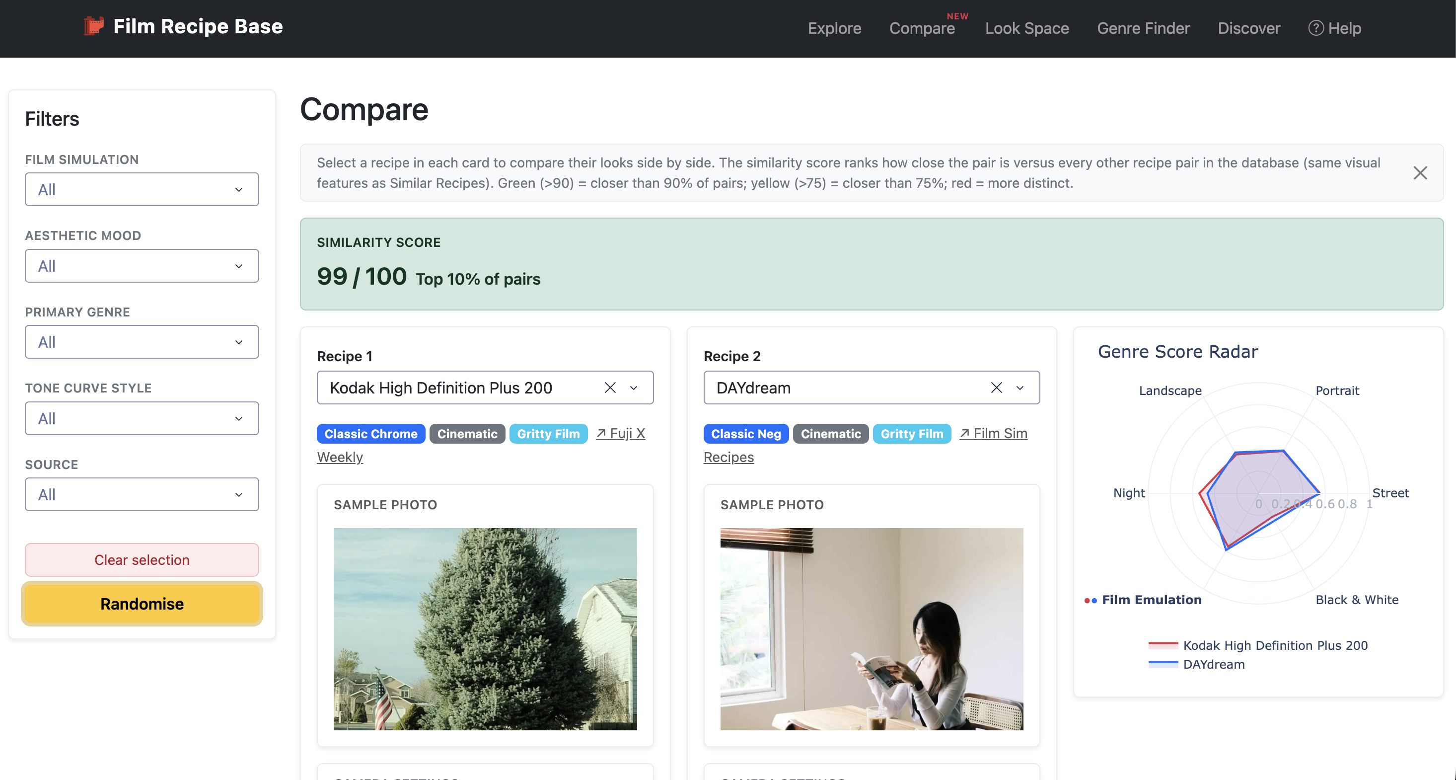 Compare page screenshot showing two film recipes side by side